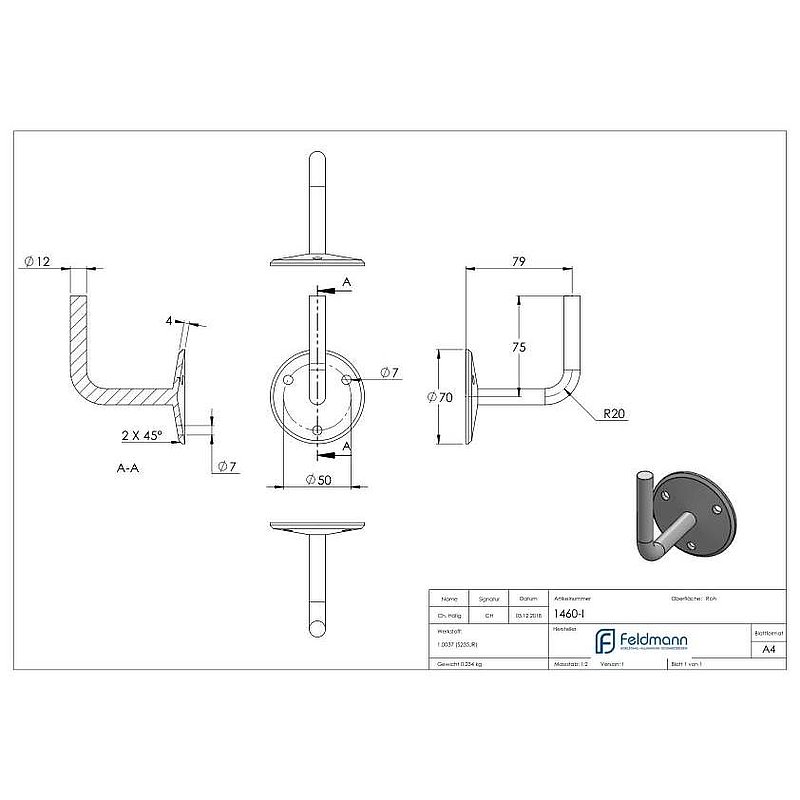 Handrail support with curved round plate, 70x5mm