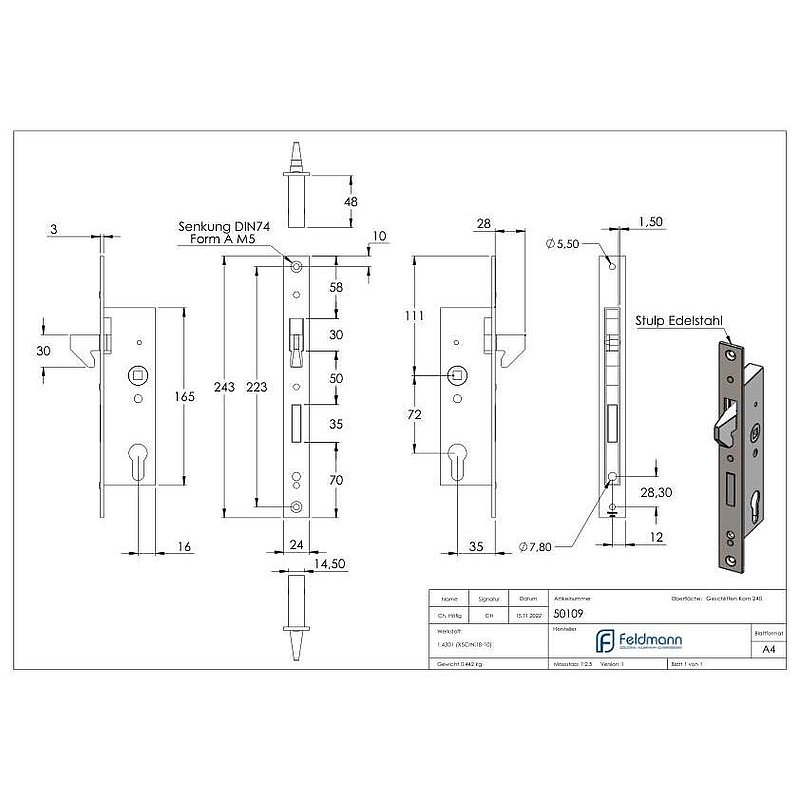 Galvanised tubular frame lock with hook latch (e.g. for sliding gates), backset 35 mm