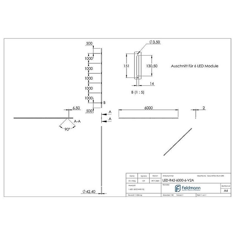 Edelstahlrohr 42,4x2,0mm für LED Module, V2A