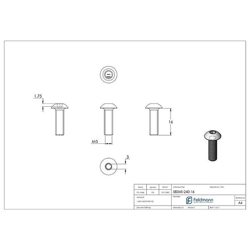 Vis à tête ronde M5x16, V2A, DIN 7380-1