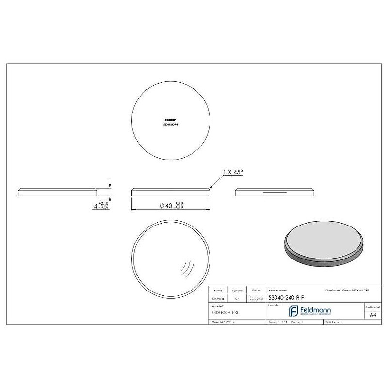 Round plate Ø 40x4mm, with round grinding and chamfer, AISI304