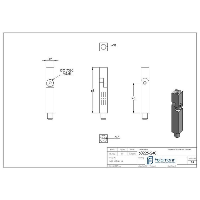 Tige articulée carrée 12x12mm, L: 68mm, V2A