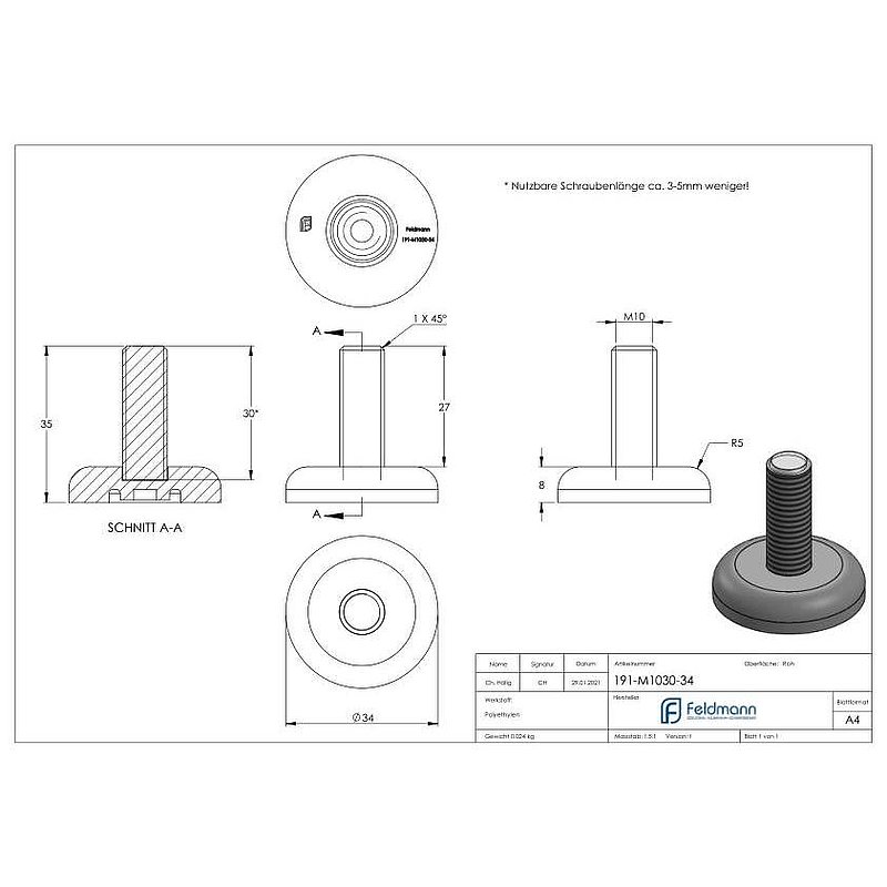 Pied réglable avec vis de compensation M10x30