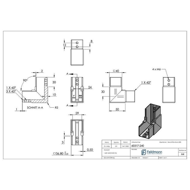 Eckbogen, vertikal, für Nutrohr 40x40mm, V2A