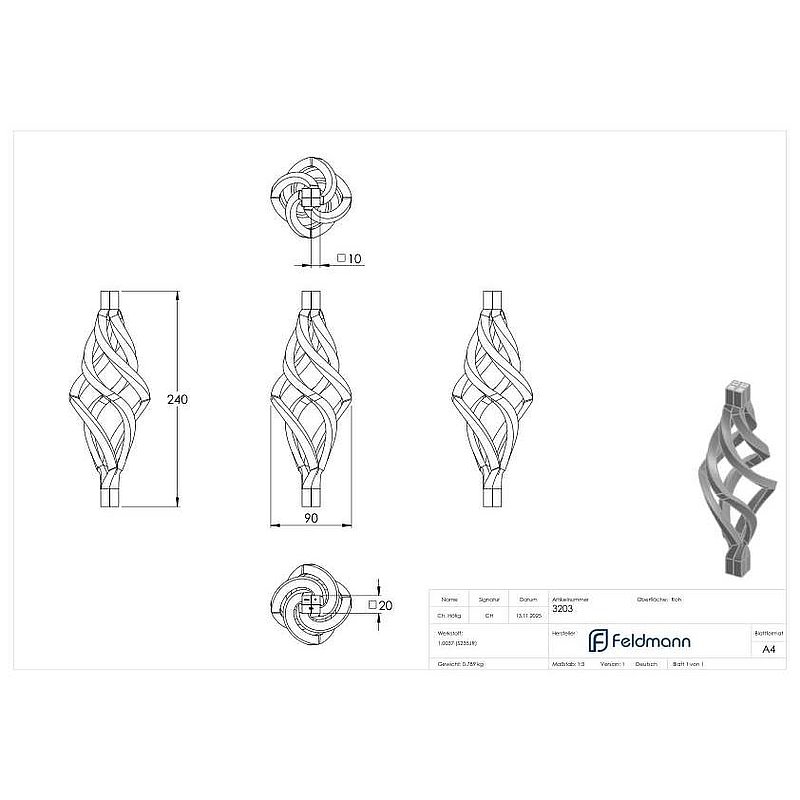 Zirbel 4x10x10mm, 240x90mm