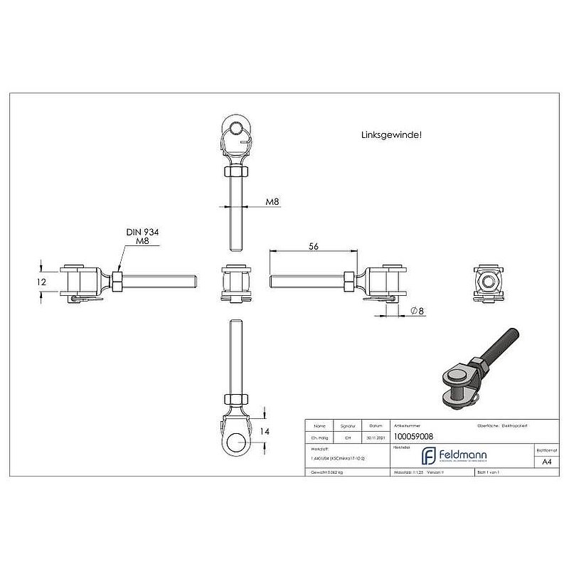 Fork terminal with external thread M8 left, AISI316