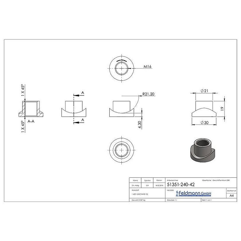 Gewindehülse, passend zu Torband 120-M16-VA, für Rohr 42,4mm, V2A