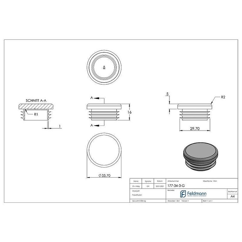 Bouchon plastique pour tube rond 33,7mm