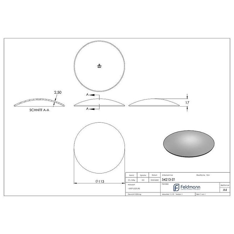 Halbrundschale 113x2,5mm, H: 17mm