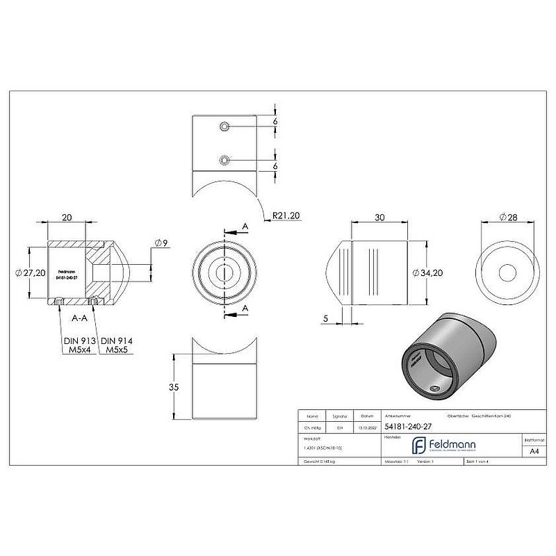 Befestigung für Rohr 26,9mm an 42,4mm, V2A