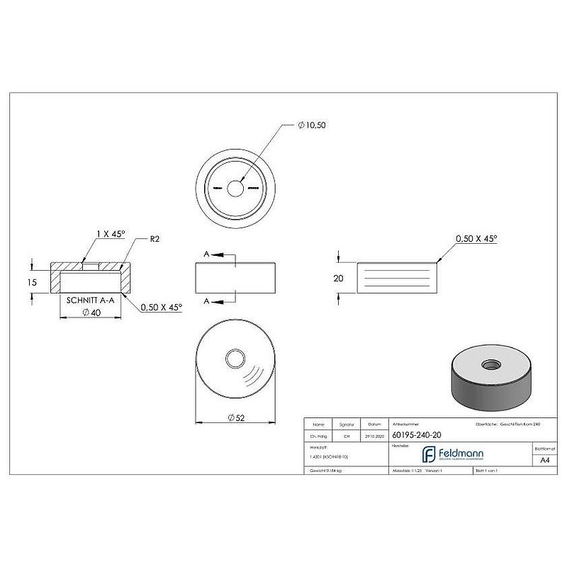 Lower part Ø 52 mm, with through-hole, D:20 mm, AISI304