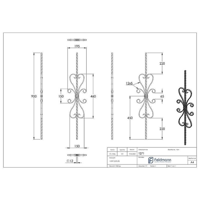 Zierstab 12x12mm, gehämmert, H: 900mm