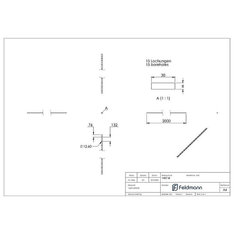 Lochleiste 30x8mm, für Stab Ø 12mm, Lochabstand 132mm, Länge 2m