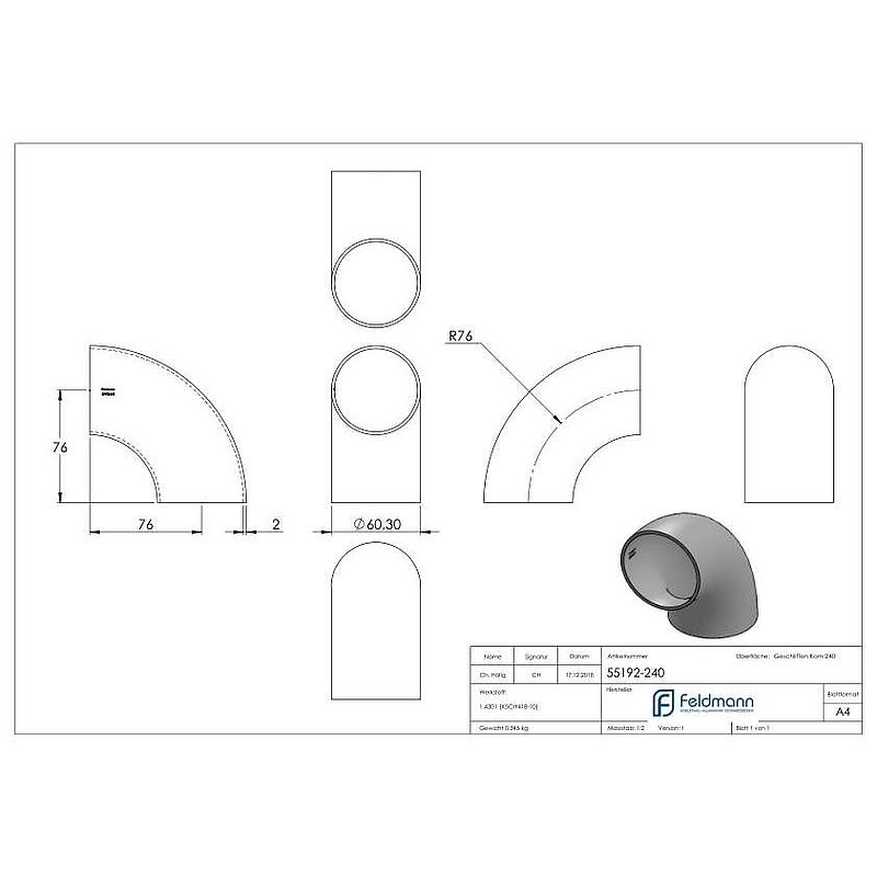 Schweißbogen 90°, 60,3x2,0mm, V2A