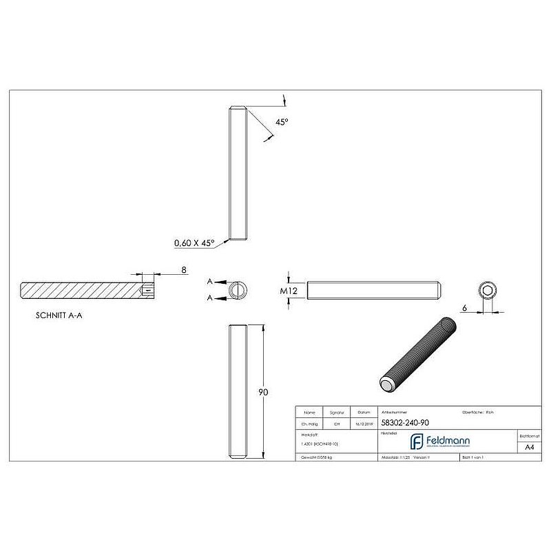 Gewindestift M12x90, V2A, DIN 913 / ISO 4026