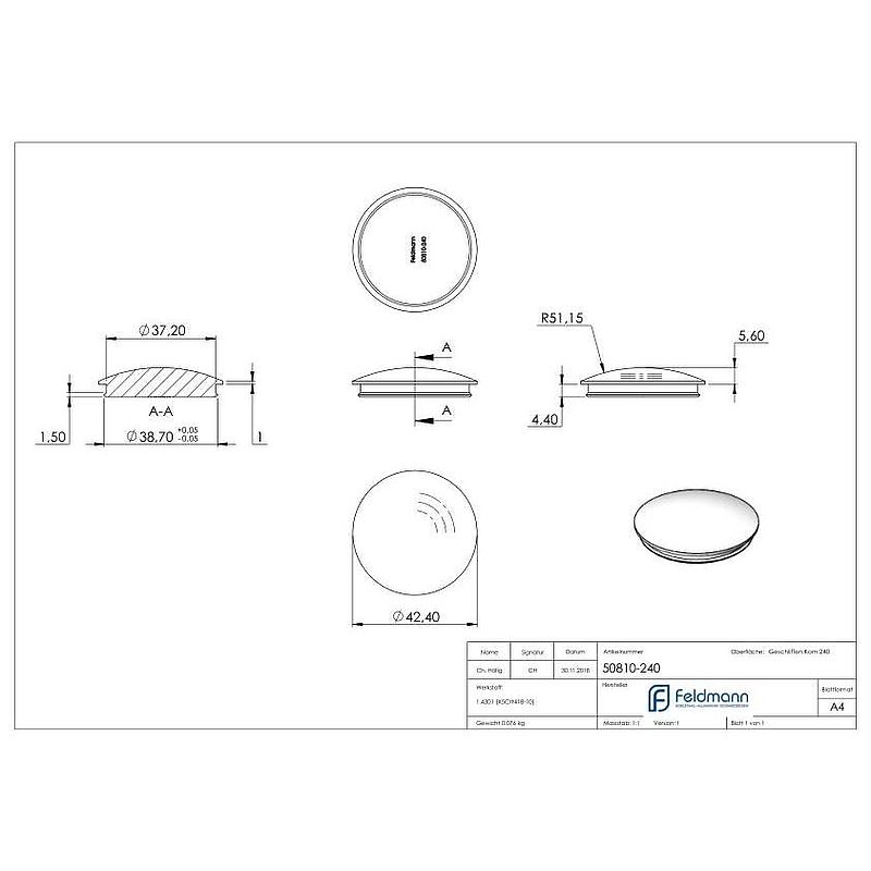 Tube end plug, for tube 42.4x2.0mm, AISI304