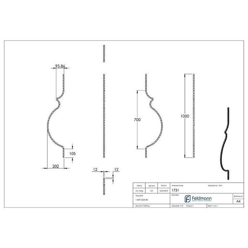 Barre galbée 12x12mm, martelée, H : 1000mm