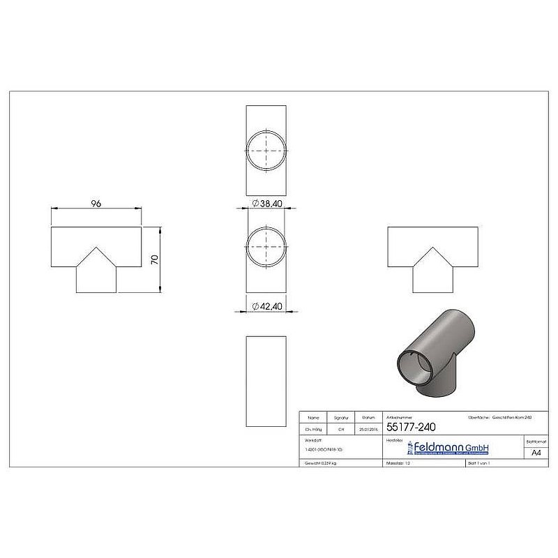 T-Stück, 42,4x2,0mm, V2A