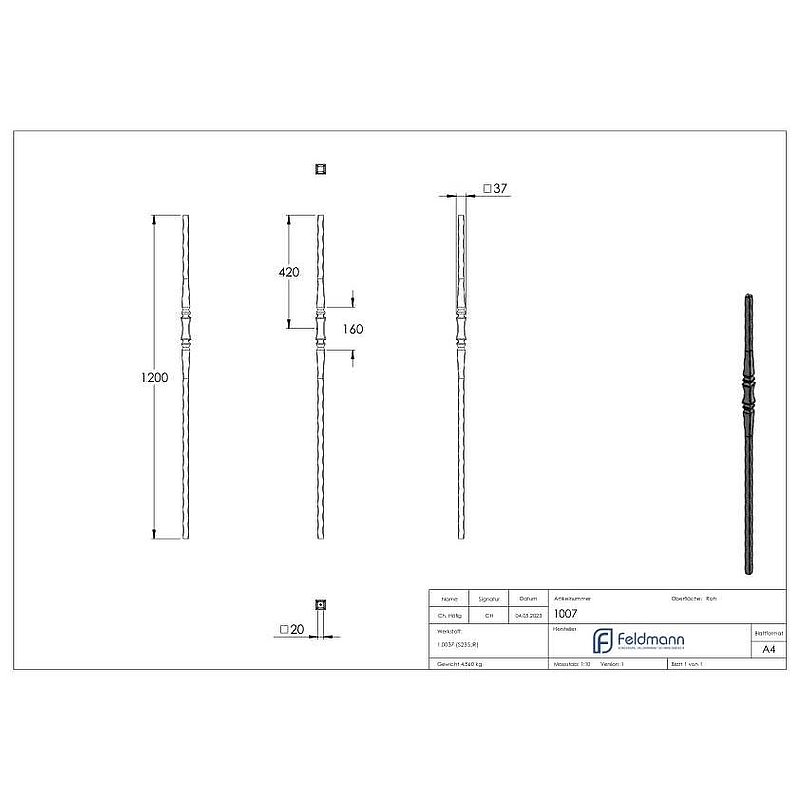 Anfangsstab 20x20mm, H: 1200mm