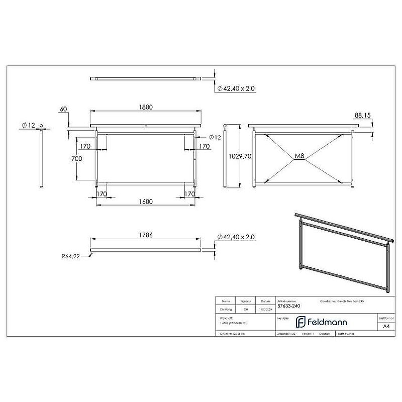 french balcony grille, straight, width: 1.6m, AISI304