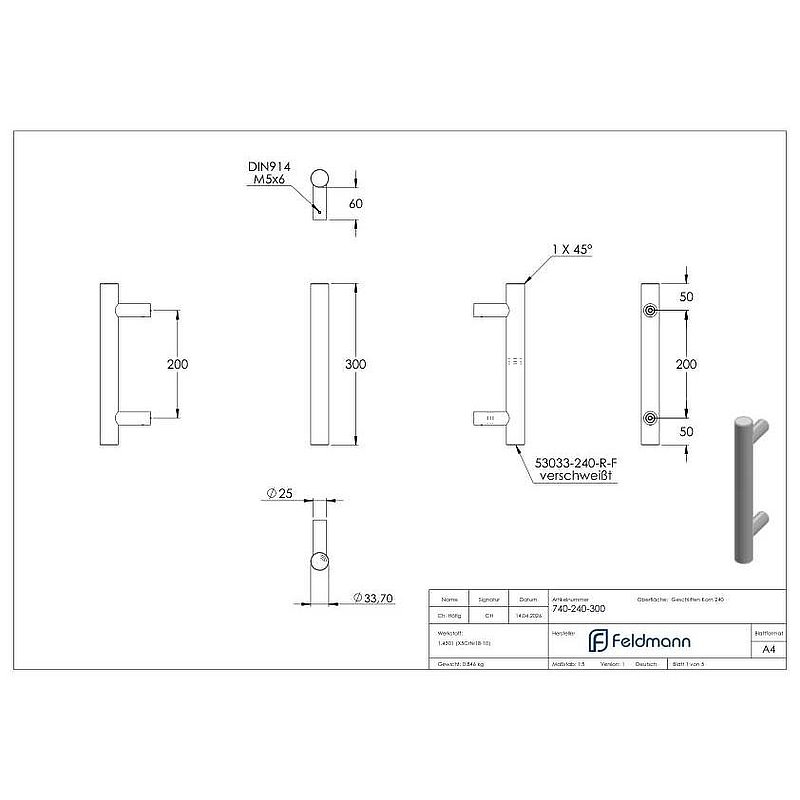 Stoßgriff inkl. Halter gerade mit L: 300mm, V2A