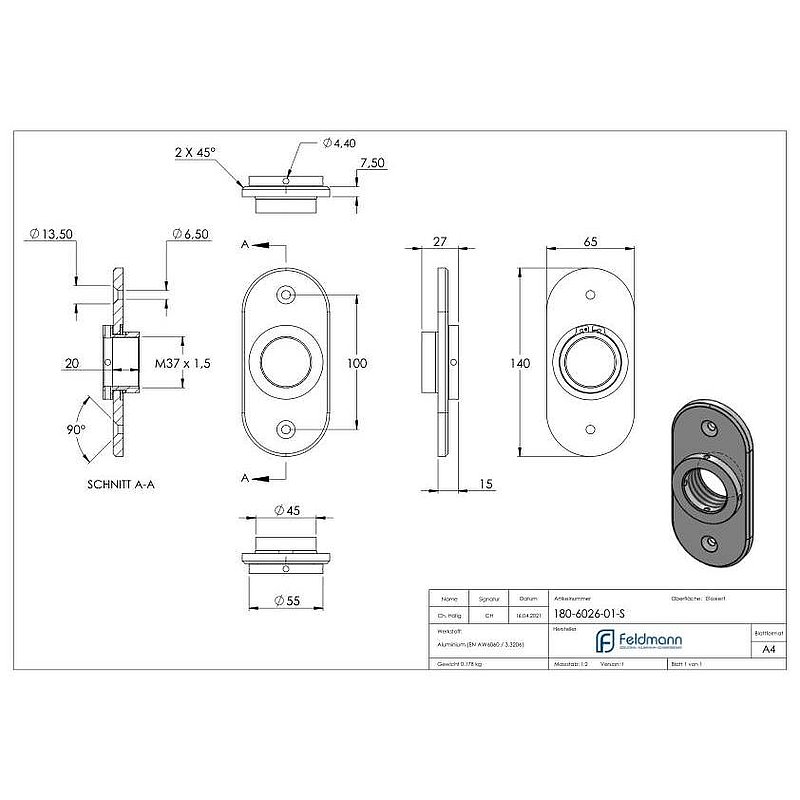 Montageplatte oval: 65x140mm