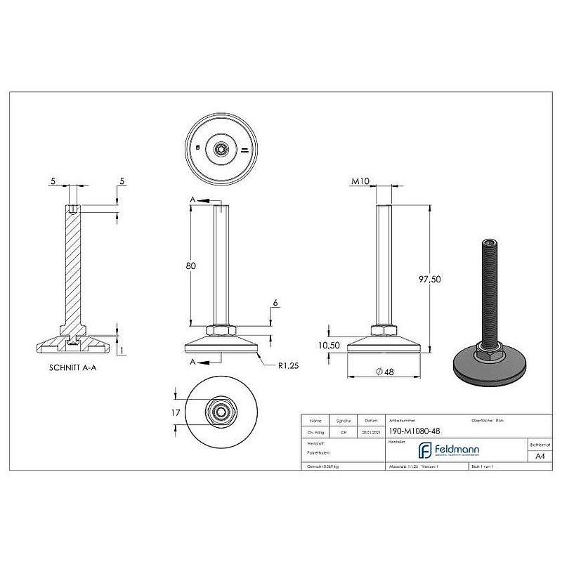 Levelling foot with adjusting screw with hexagon socket