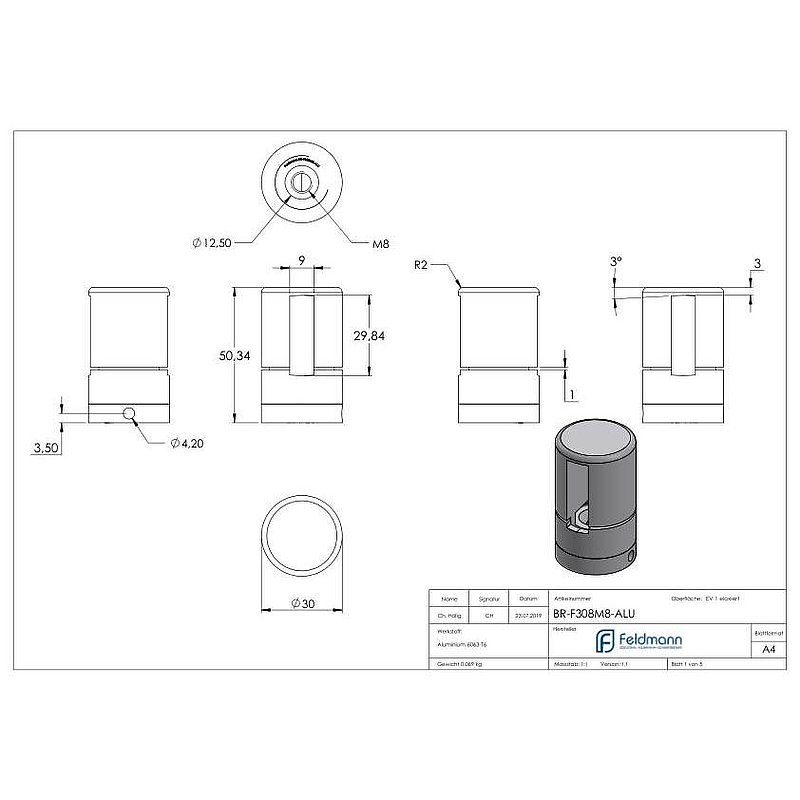 Brenk base holder for flat bars 30x8mm, ALU