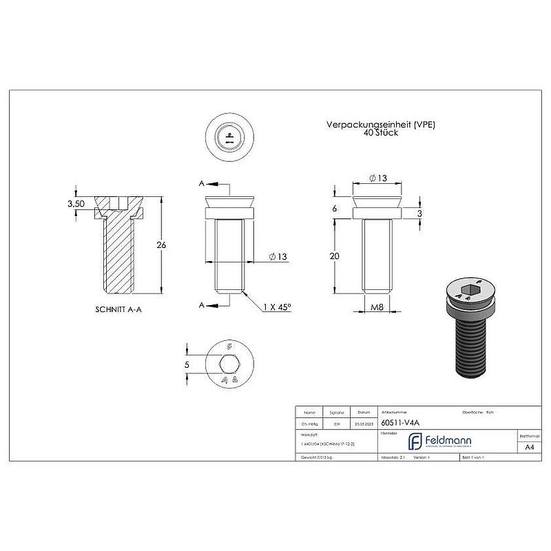 Spezialschraube M8 x 20, A4, VPE = 40 Stück
