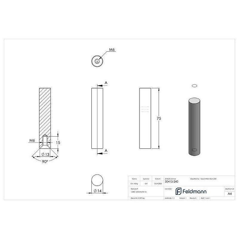 Pin Ø 14mm, L: 75mm, AISI304