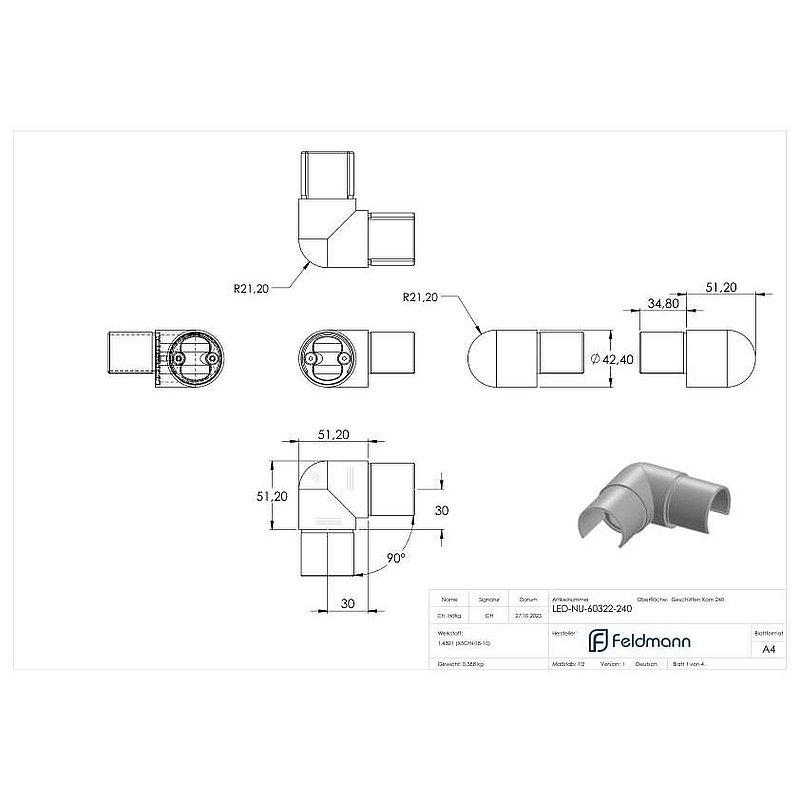 Eckverbinder für LED-Nutrohr 42,4mm,V2A