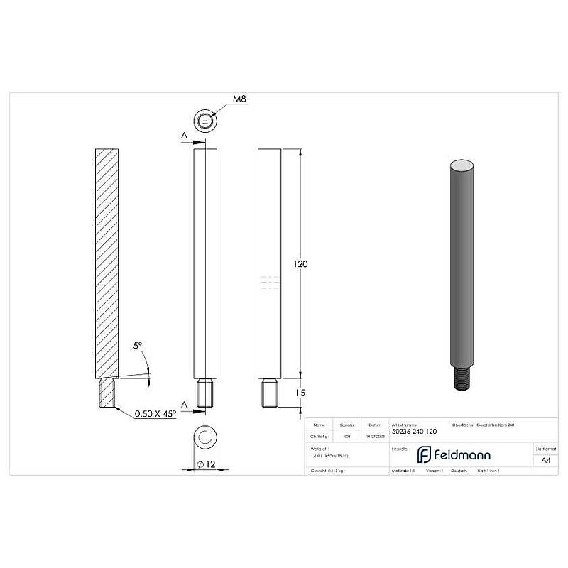 Stift Ø 12mm, L: 120mm, V2A