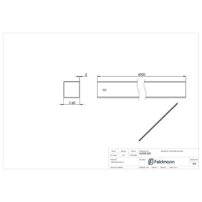 Quadratrohr, 60x60x2,0mm, L: 6000mm, V2A