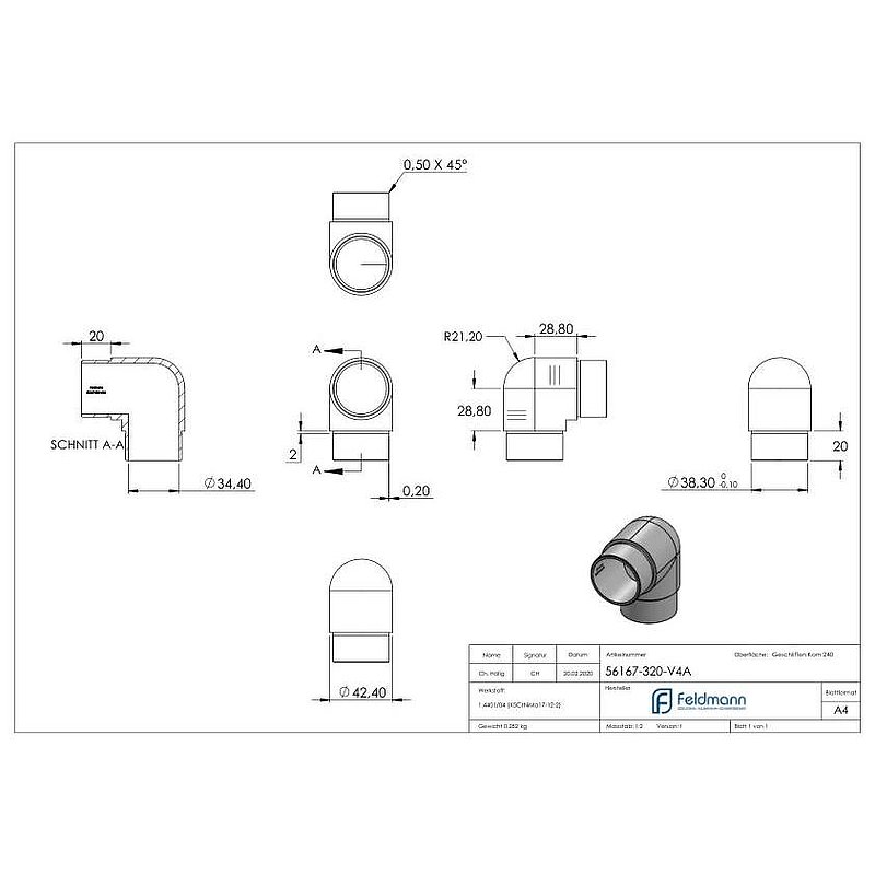 Tube bend 90° narrow, for tube 42.4x2.0mm, AISI316