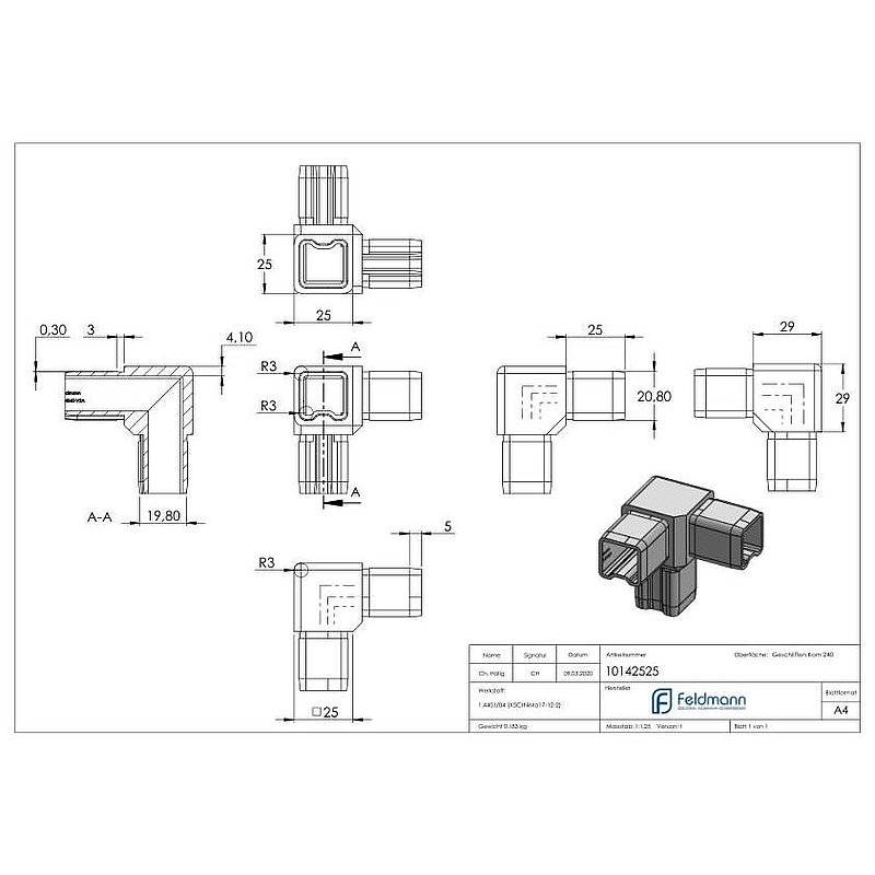 Connector for tube 25x25x2.00mm, AISI316