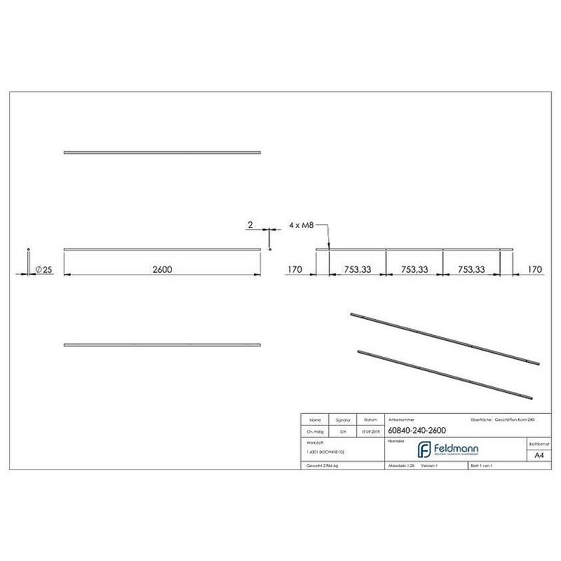 Laufschiene für Glasschiebetüren, L: 2600mm, V2A