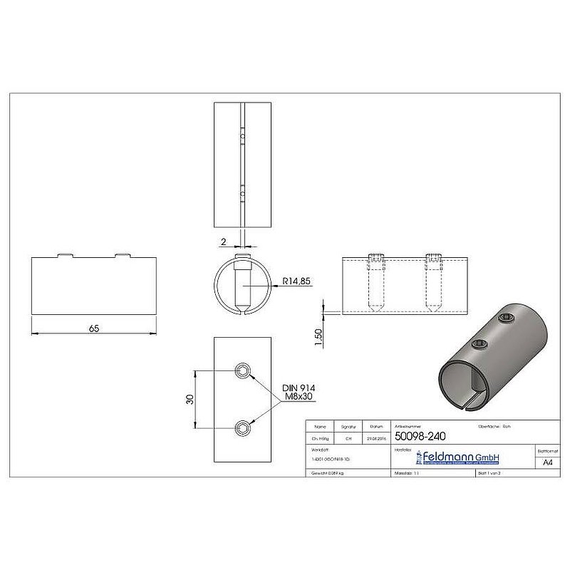 Connecting sleeve for tube 33.7x2.0mm, AISI304