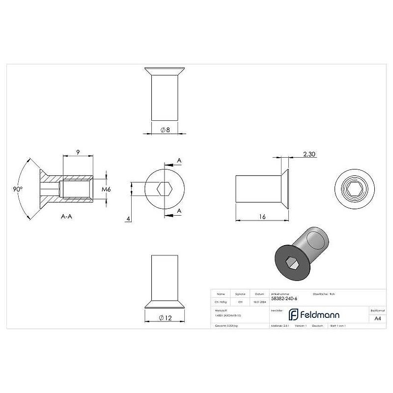 Hülsenmutter mit Senkkopf und ISK, M6x16, V2A