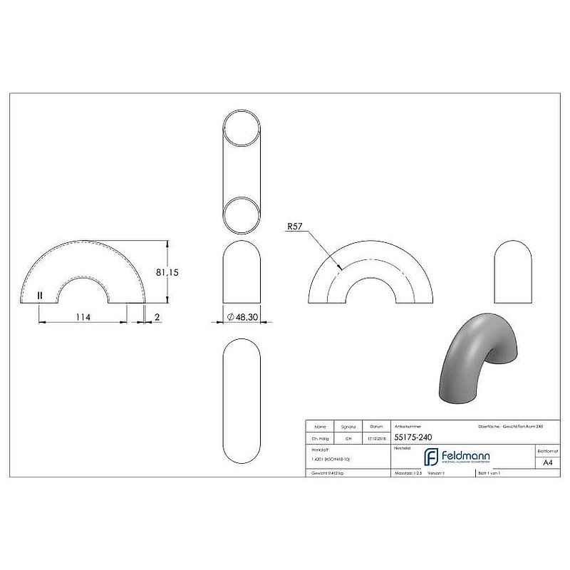 Welding elbow 180°, 48,3x2,0mm, AISI304