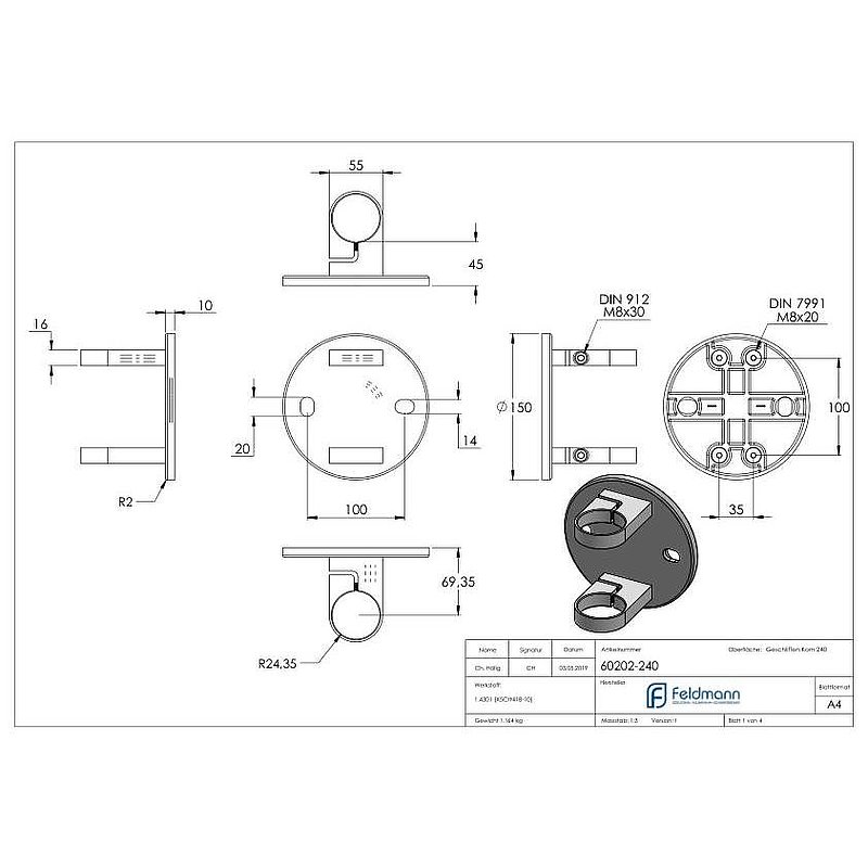 Wandbefestigung für Geländerpfosten 48,3mm, V2A