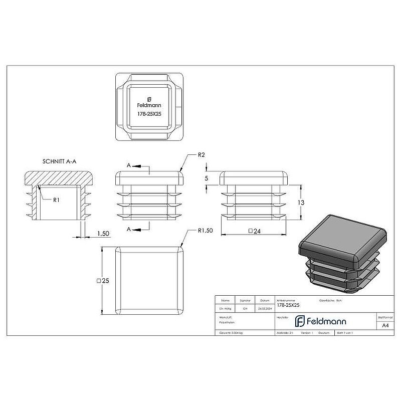 Kunststoffkappe für Quadratrohr 25x25mm