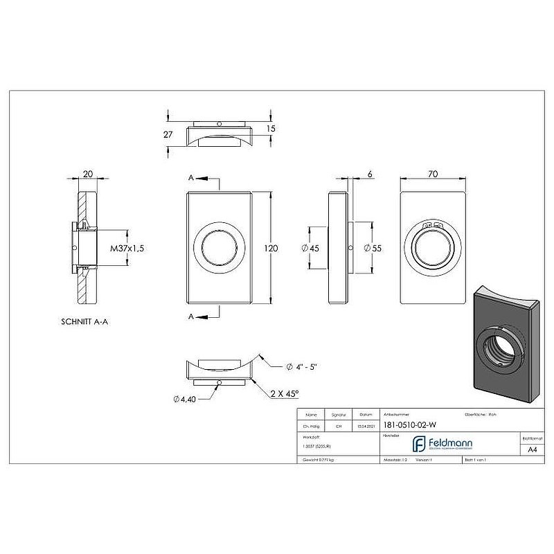 Montageplatte für RR eckig 70x120mm