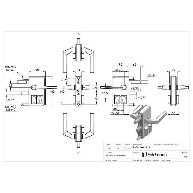 grille gate lock GTS 2 with double cylinder for tube thickness 40-60mm, housing RAL 7016
