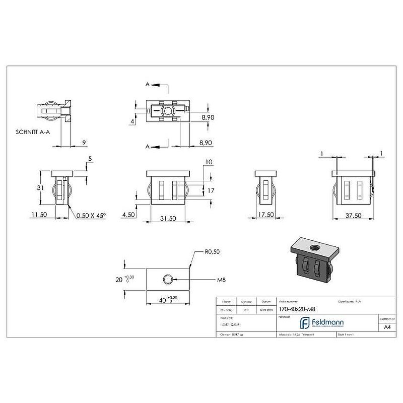 Steel end cap, for, rectangular tube 40x20mm