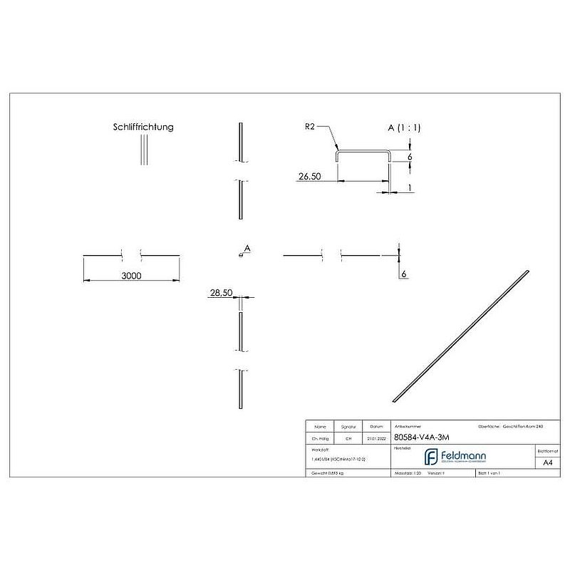 Kantenschutz EXTRA SLIM, für Glas 24,00 - 25,52mm, L: 3000mm, Edelstahl V4A