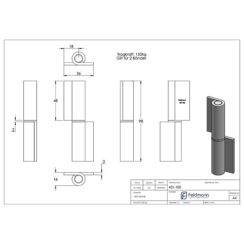 Weld-on hinge 2-piece with loose spigot