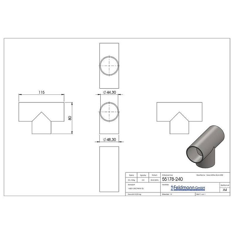 T-piece, 48,3x2,0mm, AISI304
