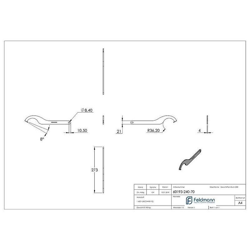 Gabelschlüssel für Glaspunkthalter 72mm, V2A