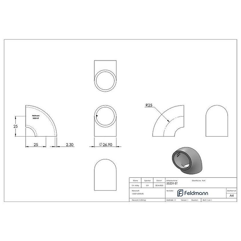 Schweißbogen 90°, 26,9 x 2,3mm, Bauart 2
