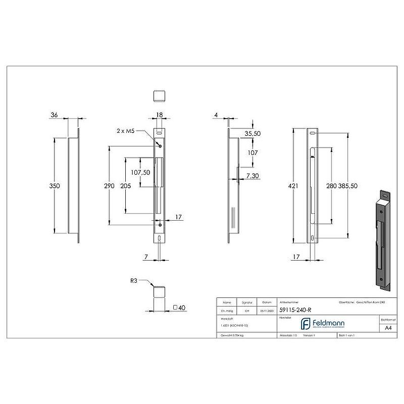 Gegenkasten zum Aufschrauben, für Abstand 72 / 92 mm für 40mm, DIN R, V2A